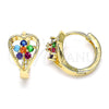 Oro Laminado Huggie Hoop, Gold Filled Style Flower and Heart Design, with Multicolor Cubic Zirconia, Polished, Golden Finish, 02.210.0653.4.15