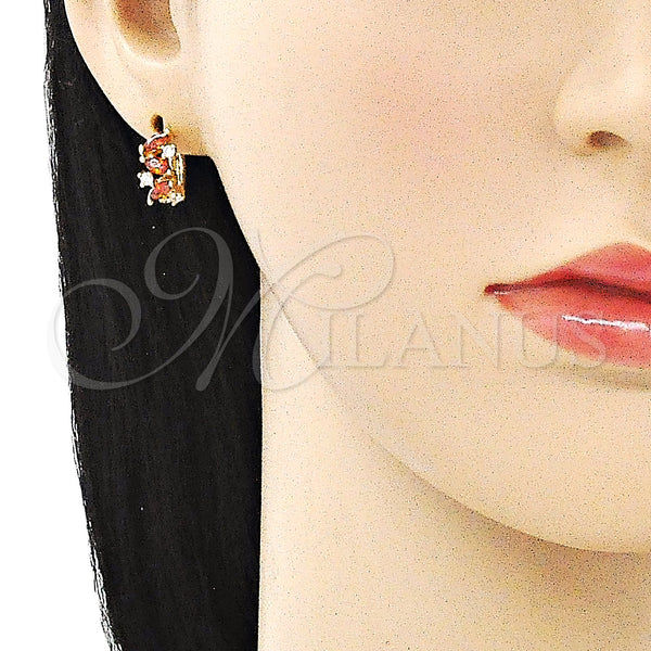 Gold Filled Hoop Earrings — Huggie Hoop Leaf Design with Garnet and White — alternate product view — SKU 146321 | Oro Laminado aretes de aro — Huggie Hoop Leaf diseño with Garnet and blanco — SKU 146321