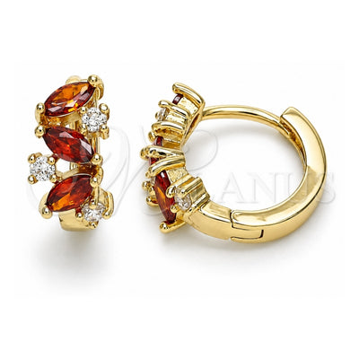 Oro Laminado Huggie Hoop, Gold Filled Style Leaf Design, with Garnet and White Cubic Zirconia, Polished, Golden Finish, 02.210.0655.15