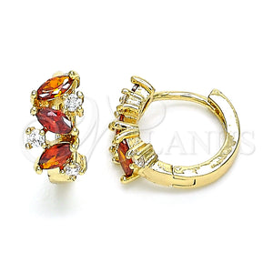 Gold Filled Hoop Earrings — Huggie Hoop Leaf Design with Garnet and White — main product view — SKU 146321 | Oro Laminado aretes de aro — Huggie Hoop Leaf diseño with Garnet and blanco — SKU 146321