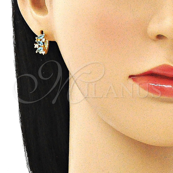 Gold Filled Hoop Earrings — Huggie Hoop Leaf Design with Aqua Blue and — alternate product view — SKU 146322 | Oro Laminado aretes de aro — Huggie Hoop Leaf diseño with Aqua Blue and — SKU 146322