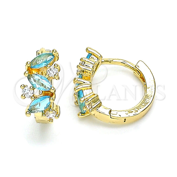 Gold Filled Hoop Earrings — Huggie Hoop Leaf Design with Aqua Blue and — main product view — SKU 146322 | Oro Laminado aretes de aro — Huggie Hoop Leaf diseño with Aqua Blue and — SKU 146322