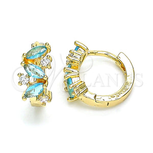 Gold Filled Hoop Earrings — Huggie Hoop Leaf Design with Aqua Blue and — main product view — SKU 146322 | Oro Laminado aretes de aro — Huggie Hoop Leaf diseño with Aqua Blue and — SKU 146322
