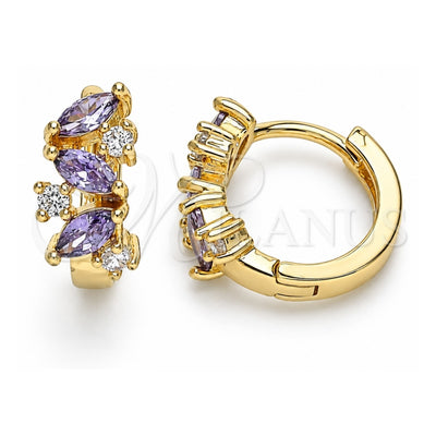 Oro Laminado Huggie Hoop, Gold Filled Style Leaf Design, with Amethyst and White Cubic Zirconia, Polished, Golden Finish, 02.210.0655.2.15