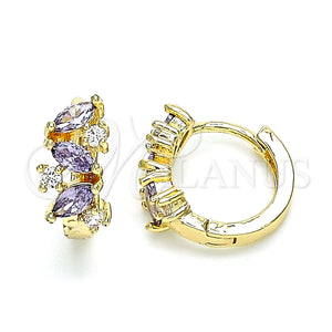 Gold Filled Hoop Earrings — Huggie Hoop Leaf Design with Amethyst and White — main product view — SKU 146323 | Oro Laminado aretes de aro — Huggie Hoop Leaf diseño with Amethyst and blanco — SKU 146323