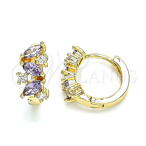 Oro Laminado Huggie Hoop, Gold Filled Style Leaf Design, with Amethyst and White Cubic Zirconia, Polished, Golden Finish, 02.210.0655.2.15