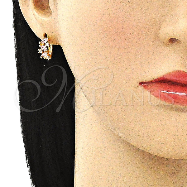 Gold Filled Hoop Earrings — Huggie Hoop Leaf Design with Pink and White — alternate product view — SKU 146324 | Oro Laminado aretes de aro — Huggie Hoop Leaf diseño with Pink and blanco — SKU 146324