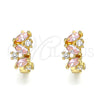 Oro Laminado Huggie Hoop, Gold Filled Style Leaf Design, with Pink and White Cubic Zirconia, Polished, Golden Finish, 02.210.0655.3.15