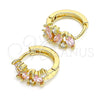 Oro Laminado Huggie Hoop, Gold Filled Style Leaf Design, with Pink and White Cubic Zirconia, Polished, Golden Finish, 02.210.0655.3.15