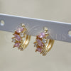 Oro Laminado Huggie Hoop, Gold Filled Style Leaf Design, with Pink and White Cubic Zirconia, Polished, Golden Finish, 02.210.0655.3.15