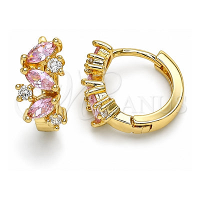 Oro Laminado Huggie Hoop, Gold Filled Style Leaf Design, with Pink and White Cubic Zirconia, Polished, Golden Finish, 02.210.0655.3.15