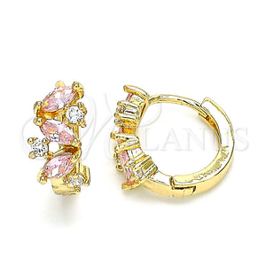 Gold Filled Hoop Earrings — Huggie Hoop Leaf Design with Pink and White — main product view — SKU 146324 | Oro Laminado aretes de aro — Huggie Hoop Leaf diseño with Pink and blanco — SKU 146324