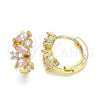 Oro Laminado Huggie Hoop, Gold Filled Style Leaf Design, with Pink and White Cubic Zirconia, Polished, Golden Finish, 02.210.0655.3.15