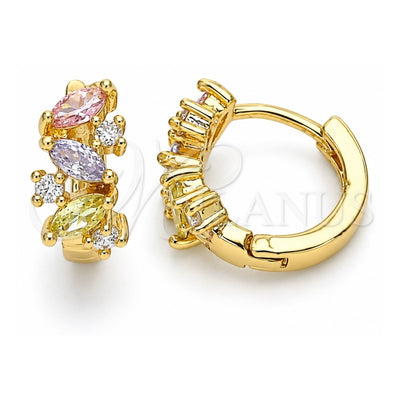 Oro Laminado Huggie Hoop, Gold Filled Style Leaf Design, with Multicolor Cubic Zirconia, Polished, Golden Finish, 02.210.0655.4.15