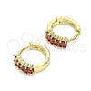 Oro Laminado Huggie Hoop, Gold Filled Style Baguette Design, with Garnet Cubic Zirconia, Polished, Golden Finish, 02.210.0656.12