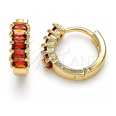 Oro Laminado Huggie Hoop, Gold Filled Style Baguette Design, with Garnet Cubic Zirconia, Polished, Golden Finish, 02.210.0656.12
