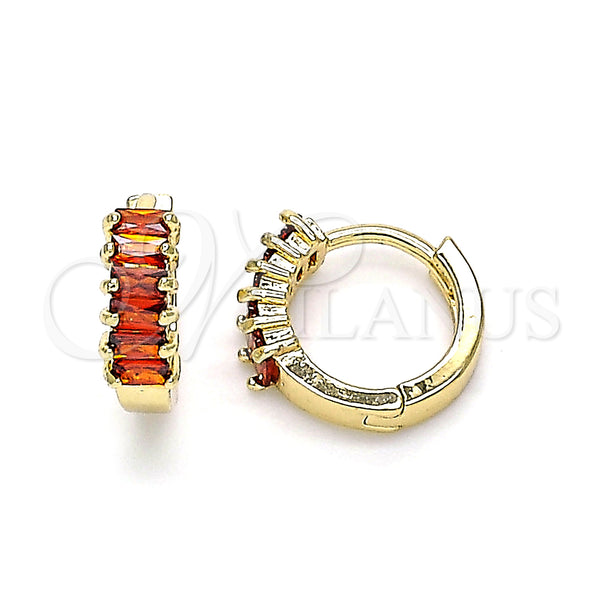 Gold Filled Hoop Earrings — Huggie Hoop Baguette Design with Garnet Cubic Zirconia — main product view — SKU 146326 | Oro Laminado aretes de aro — Huggie Hoop Baguette diseño with Garnet Cubic Zirconia — SKU 146326