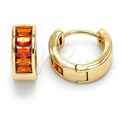 Oro Laminado Huggie Hoop, Gold Filled Style Baguette Design, with Garnet Cubic Zirconia, Polished, Golden Finish, 02.210.0657.15