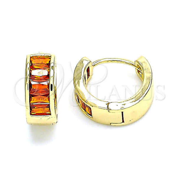 Gold Filled Hoop Earrings — Huggie Hoop Baguette Design with Garnet Cubic Zirconia — main product view — SKU 146329 | Oro Laminado aretes de aro — Huggie Hoop Baguette diseño with Garnet Cubic Zirconia — SKU 146329