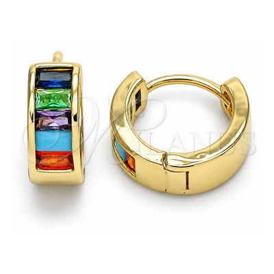 Oro Laminado Huggie Hoop, Gold Filled Style Baguette Design, with Multicolor Cubic Zirconia, Polished, Golden Finish, 02.210.0657.1.15
