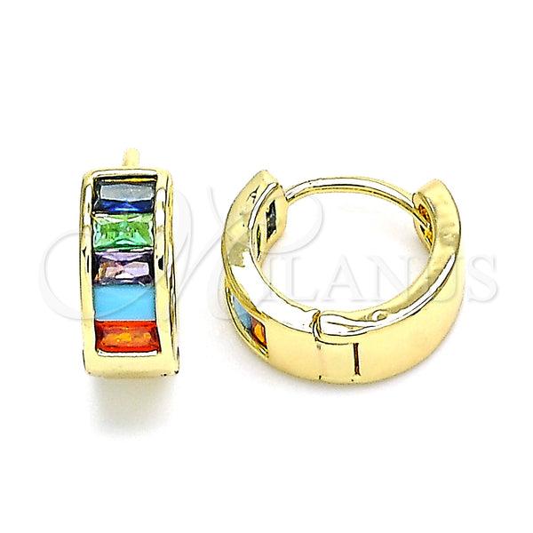 Gold Filled Hoop Earrings — Huggie Hoop Baguette Design with Multicolor Cubic Zirconia — main product view — SKU 146330 | Oro Laminado aretes de aro — Huggie Hoop Baguette diseño with Multicolor Cubic Zirconia — SKU 146330