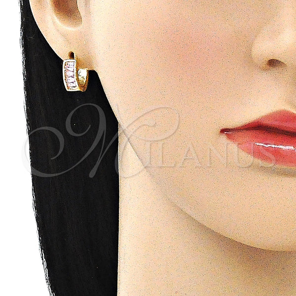 Gold Filled Hoop Earrings — Huggie Hoop Baguette Design with Pink Cubic Zirconia — alternate product view — SKU 146331 | Oro Laminado aretes de aro — Huggie Hoop Baguette diseño with Pink Cubic Zirconia — SKU 146331