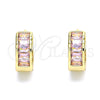 Oro Laminado Huggie Hoop, Gold Filled Style Baguette Design, with Pink Cubic Zirconia, Polished, Golden Finish, 02.210.0657.2.15