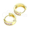 Oro Laminado Huggie Hoop, Gold Filled Style Baguette Design, with Pink Cubic Zirconia, Polished, Golden Finish, 02.210.0657.2.15