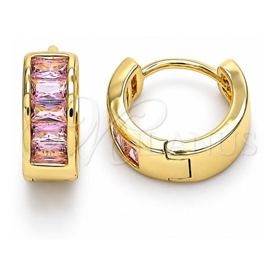 Oro Laminado Huggie Hoop, Gold Filled Style Baguette Design, with Pink Cubic Zirconia, Polished, Golden Finish, 02.210.0657.2.15