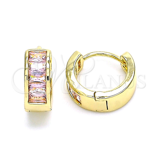 Gold Filled Hoop Earrings — Huggie Hoop Baguette Design with Pink Cubic Zirconia — main product view — SKU 146331 | Oro Laminado aretes de aro — Huggie Hoop Baguette diseño with Pink Cubic Zirconia — SKU 146331