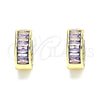 Oro Laminado Huggie Hoop, Gold Filled Style Baguette Design, with Amethyst Cubic Zirconia, Polished, Golden Finish, 02.210.0657.3.15