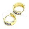 Oro Laminado Huggie Hoop, Gold Filled Style Baguette Design, with Amethyst Cubic Zirconia, Polished, Golden Finish, 02.210.0657.3.15