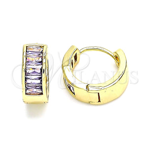 Gold Filled Hoop Earrings — Huggie Hoop Baguette Design with Amethyst Cubic Zirconia — main product view — SKU 146332 | Oro Laminado aretes de aro — Huggie Hoop Baguette diseño with Amethyst Cubic Zirconia — SKU 146332