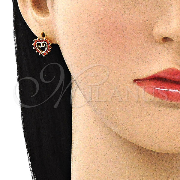 Gold Filled Hoop Earrings — Huggie Hoop Heart Design with Garnet Cubic Zirconia — alternate product view — SKU 146333 | Oro Laminado aretes de aro — Huggie Hoop corazón diseño with Garnet Cubic Zirconia — SKU 146333
