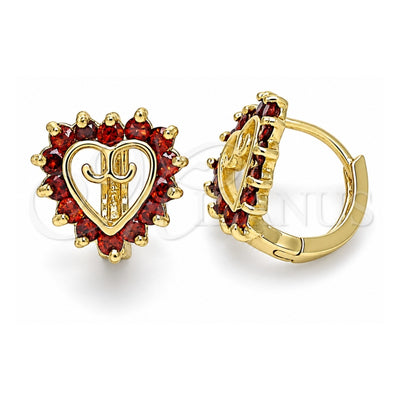 Oro Laminado Huggie Hoop, Gold Filled Style Heart Design, with Garnet Cubic Zirconia, Polished, Golden Finish, 02.210.0658.12