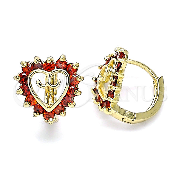 Gold Filled Hoop Earrings — Huggie Hoop Heart Design with Garnet Cubic Zirconia — main product view — SKU 146333 | Oro Laminado aretes de aro — Huggie Hoop corazón diseño with Garnet Cubic Zirconia — SKU 146333
