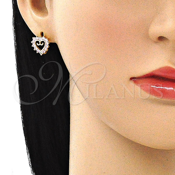 Gold Filled Hoop Earrings — Huggie Hoop Heart Design with Pink Cubic Zirconia — alternate product view — SKU 146334 | Oro Laminado aretes de aro — Huggie Hoop corazón diseño with Pink Cubic Zirconia — SKU 146334