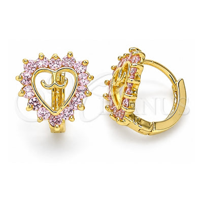 Oro Laminado Huggie Hoop, Gold Filled Style Heart Design, with Pink Cubic Zirconia, Polished, Golden Finish, 02.210.0658.1.12