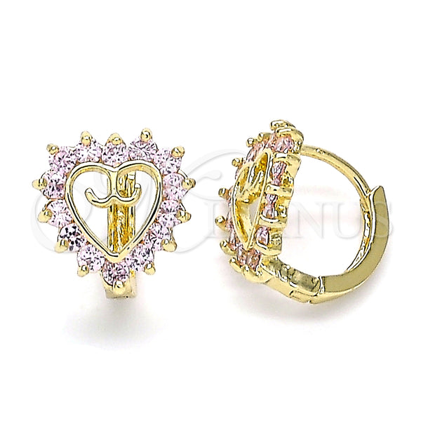 Gold Filled Hoop Earrings — Huggie Hoop Heart Design with Pink Cubic Zirconia — main product view — SKU 146334 | Oro Laminado aretes de aro — Huggie Hoop corazón diseño with Pink Cubic Zirconia — SKU 146334