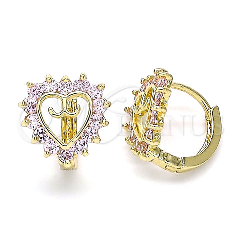 Oro Laminado Huggie Hoop, Gold Filled Style Heart Design, with Pink Cubic Zirconia, Polished, Golden Finish, 02.210.0658.1.12