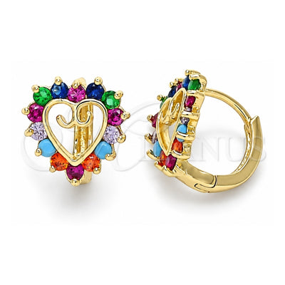 Oro Laminado Huggie Hoop, Gold Filled Style Heart Design, with Multicolor Cubic Zirconia, Polished, Golden Finish, 02.210.0658.2.12