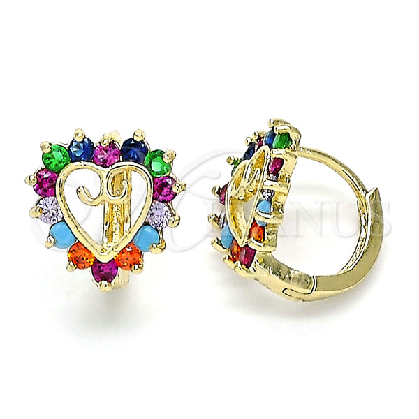 Gold Filled Hoop Earrings — Huggie Hoop Heart Design with Multicolor Cubic Zirconia — main product view — SKU 146335 | Oro Laminado aretes de aro — Huggie Hoop corazón diseño with Multicolor Cubic Zirconia — SKU 146335