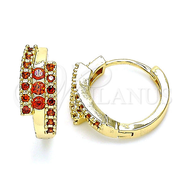 Gold Filled Hoop Earrings — Huggie Hoop with Garnet Cubic Zirconia Polished 02. — main product view — SKU 146341 | Oro Laminado aretes de aro — Huggie Hoop with Garnet Cubic Zirconia pulido 02. — SKU 146341