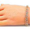 Oro Laminado Fancy Bracelet, Gold Filled Style Greek Key Design, with White Micro Pave, Polished, Golden Finish, 03.283.0056.07 (07 MM Thickness, 7 Inches Length)