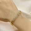 Oro Laminado Fancy Bracelet, Gold Filled Style Greek Key Design, with White Micro Pave, Polished, Golden Finish, 03.283.0056.07 (07 MM Thickness, 7 Inches Length)