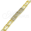 Oro Laminado Fancy Bracelet, Gold Filled Style Greek Key Design, with White Micro Pave, Polished, Golden Finish, 03.283.0056.07 (07 MM Thickness, 7 Inches Length)
