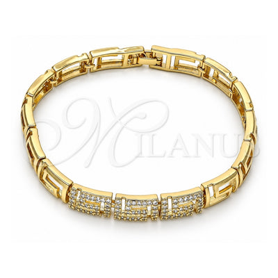 Oro Laminado Fancy Bracelet, Gold Filled Style Greek Key Design, with White Micro Pave, Polished, Golden Finish, 03.283.0056.07 (07 MM Thickness, 7 Inches Length)