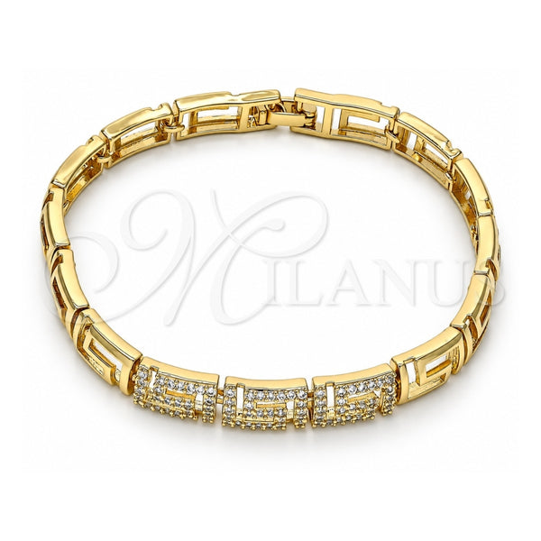 Oro Laminado Fancy Bracelet, Gold Filled Style Greek Key Design, with White Micro Pave, Polished, Golden Finish, 03.283.0056.07 (07 MM Thickness, 7 Inches Length)