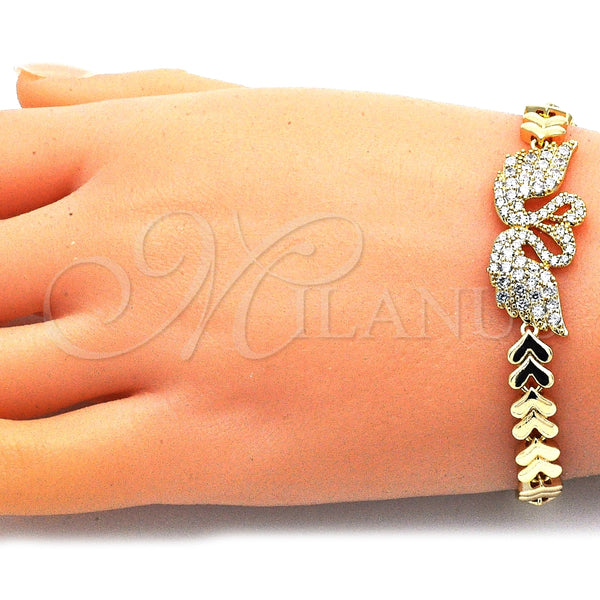 Oro Laminado Fancy Bracelet, Gold Filled Style Swan and Heart Design, with White Micro Pave, Polished, Golden Finish, 03.283.0060.07 (07 MM Thickness, 7 Inches Length)