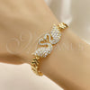 Oro Laminado Fancy Bracelet, Gold Filled Style Swan and Heart Design, with White Micro Pave, Polished, Golden Finish, 03.283.0060.07 (07 MM Thickness, 7 Inches Length)